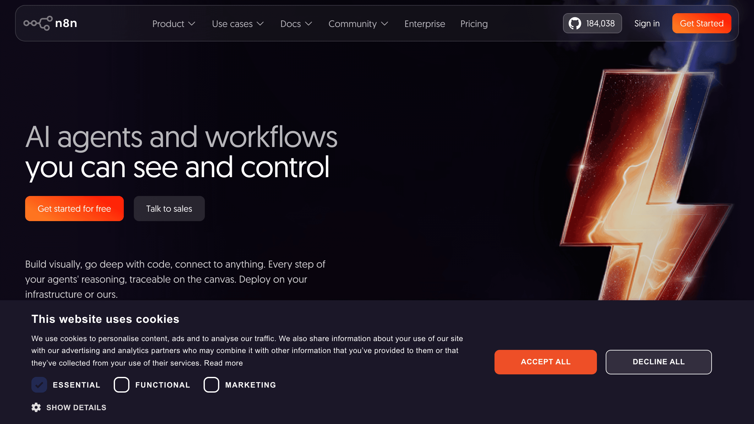 n8n workflow automation platform homepage showing visual workflow builder for AI automation consulting