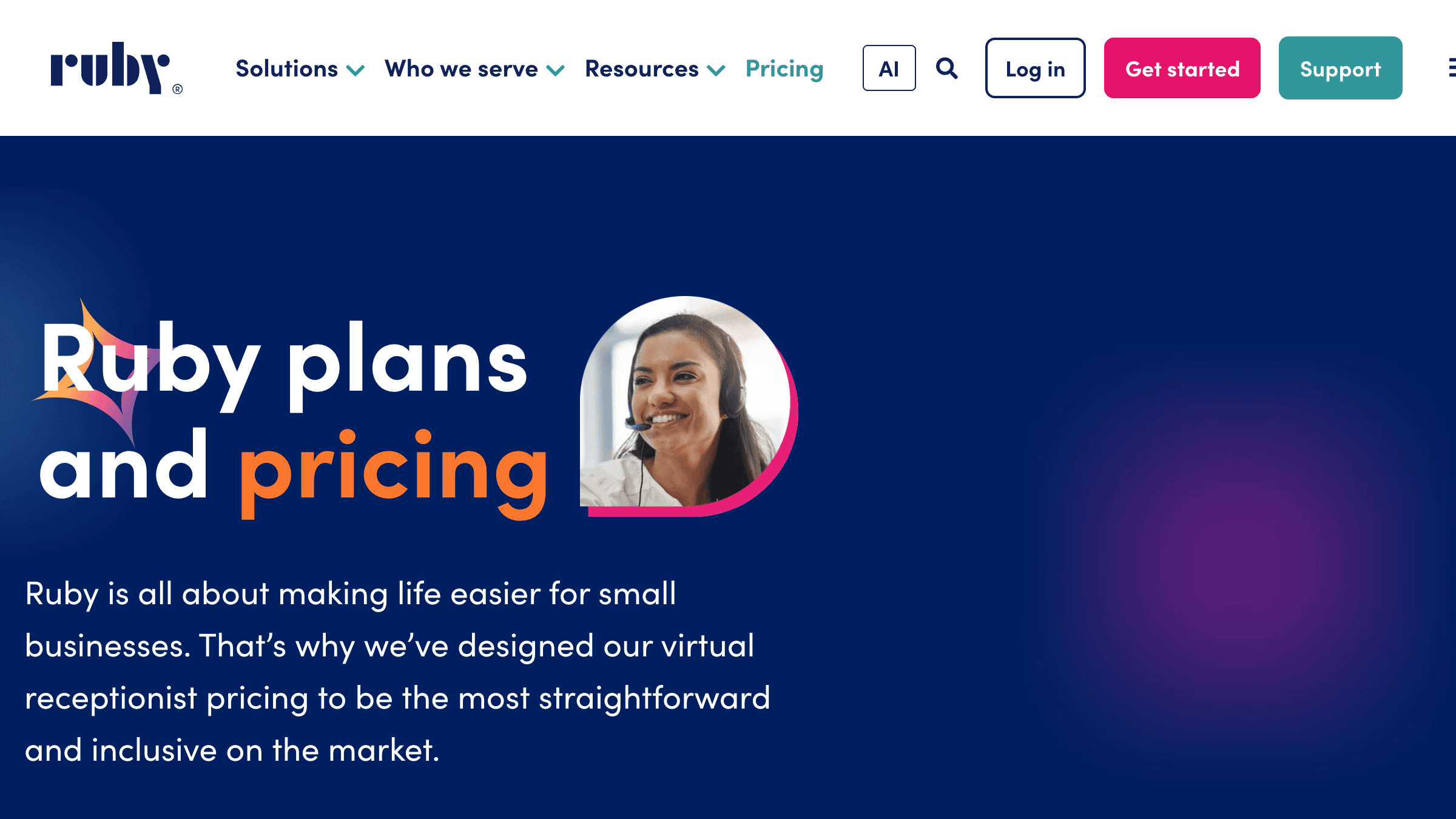 Ruby plans and pricing page showing bilingual virtual receptionist tiers starting at $250 for 50 minutes