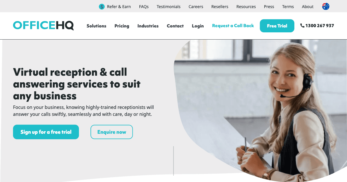OfficeHQ virtual receptionist Melbourne homepage showing Australian-based phone answering service