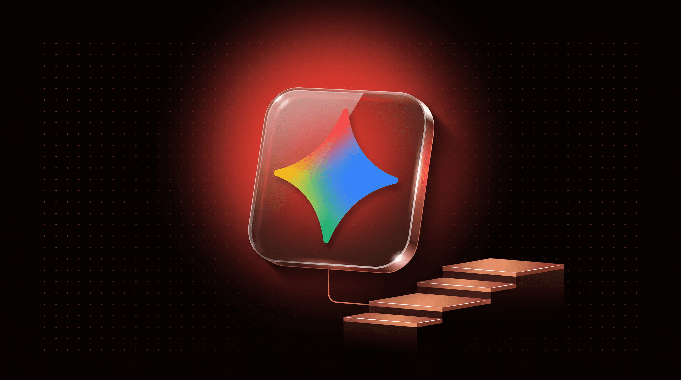 Gemini logo on a glossy app icon tile beside a copper staircase, showing the Gemini 4 Argon API pricing step