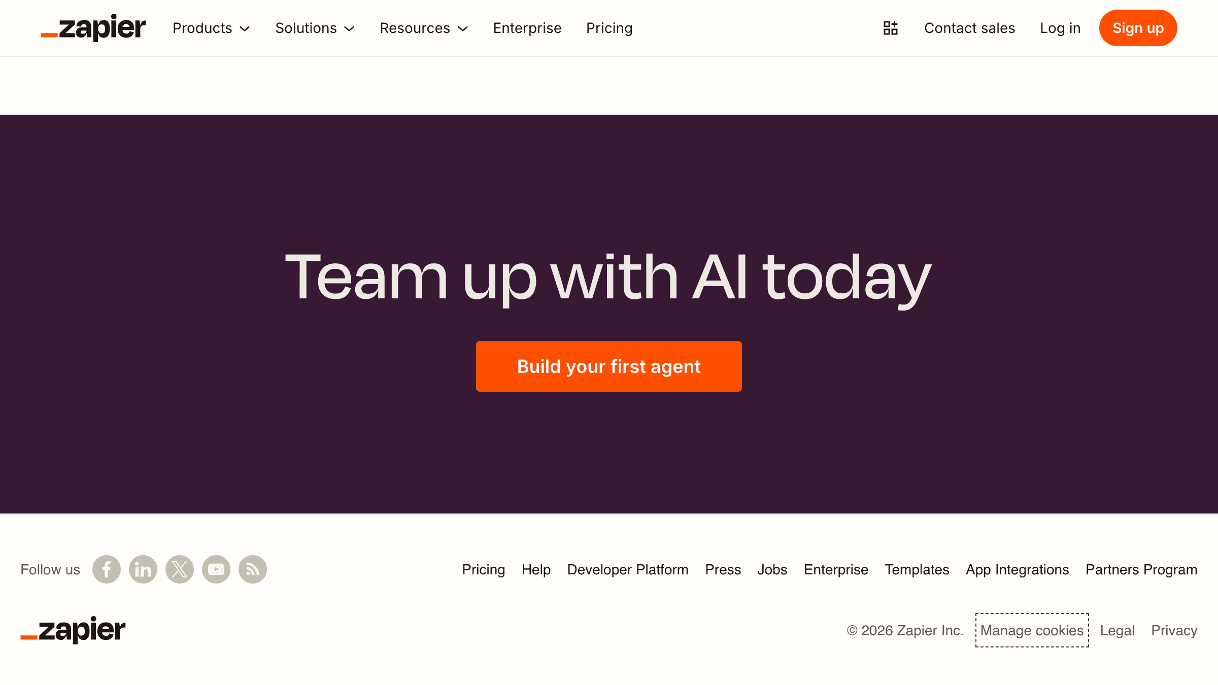 Zapier Agents homepage showing autonomous AI agent capabilities for business automation in 2026