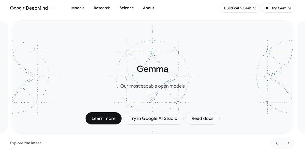 Google Gemma AI model page showing the open source model family for developers