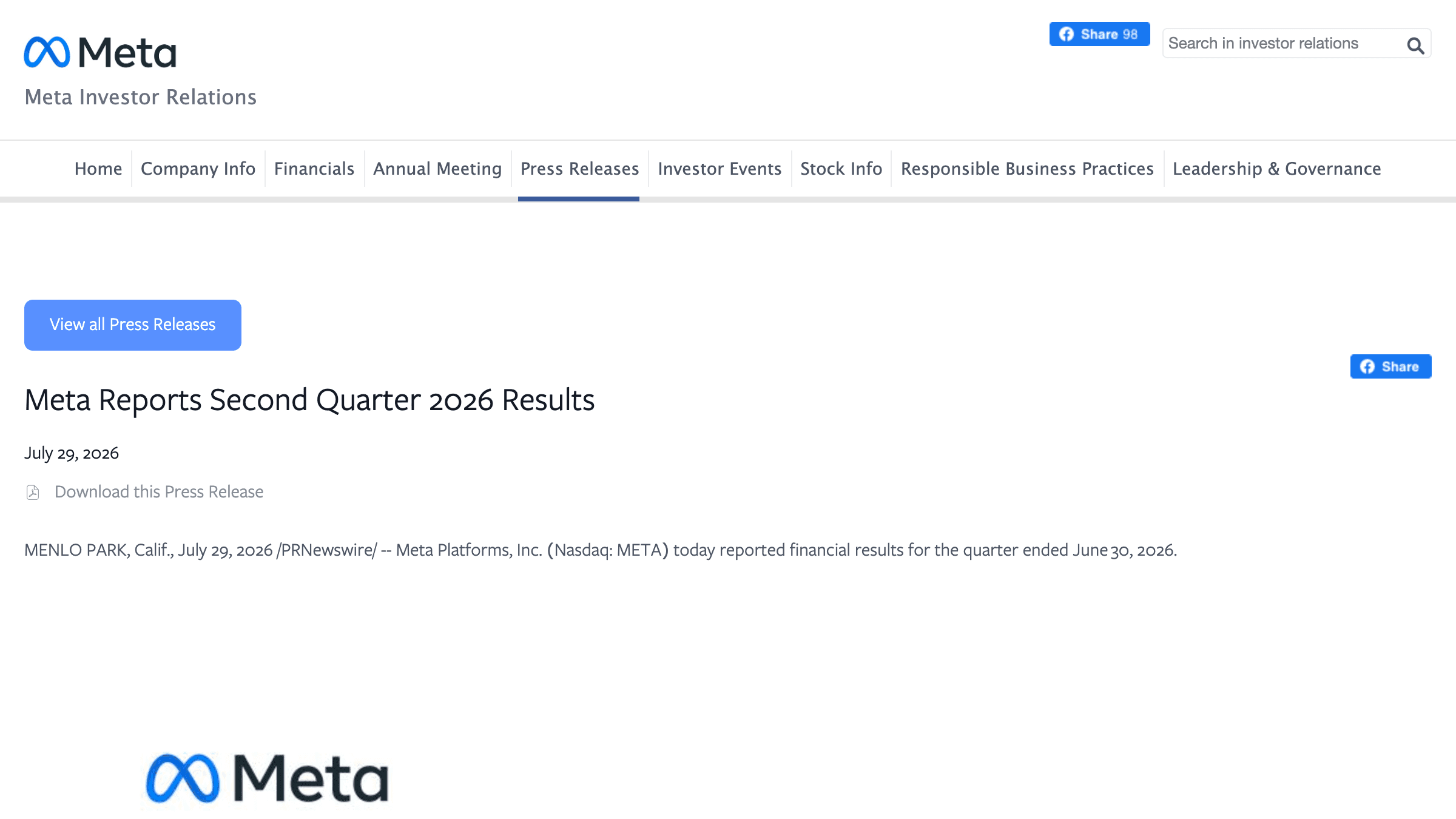 Meta Investor Relations press release headed Meta Reports Second Quarter 2026 Results, dated July 29 2026