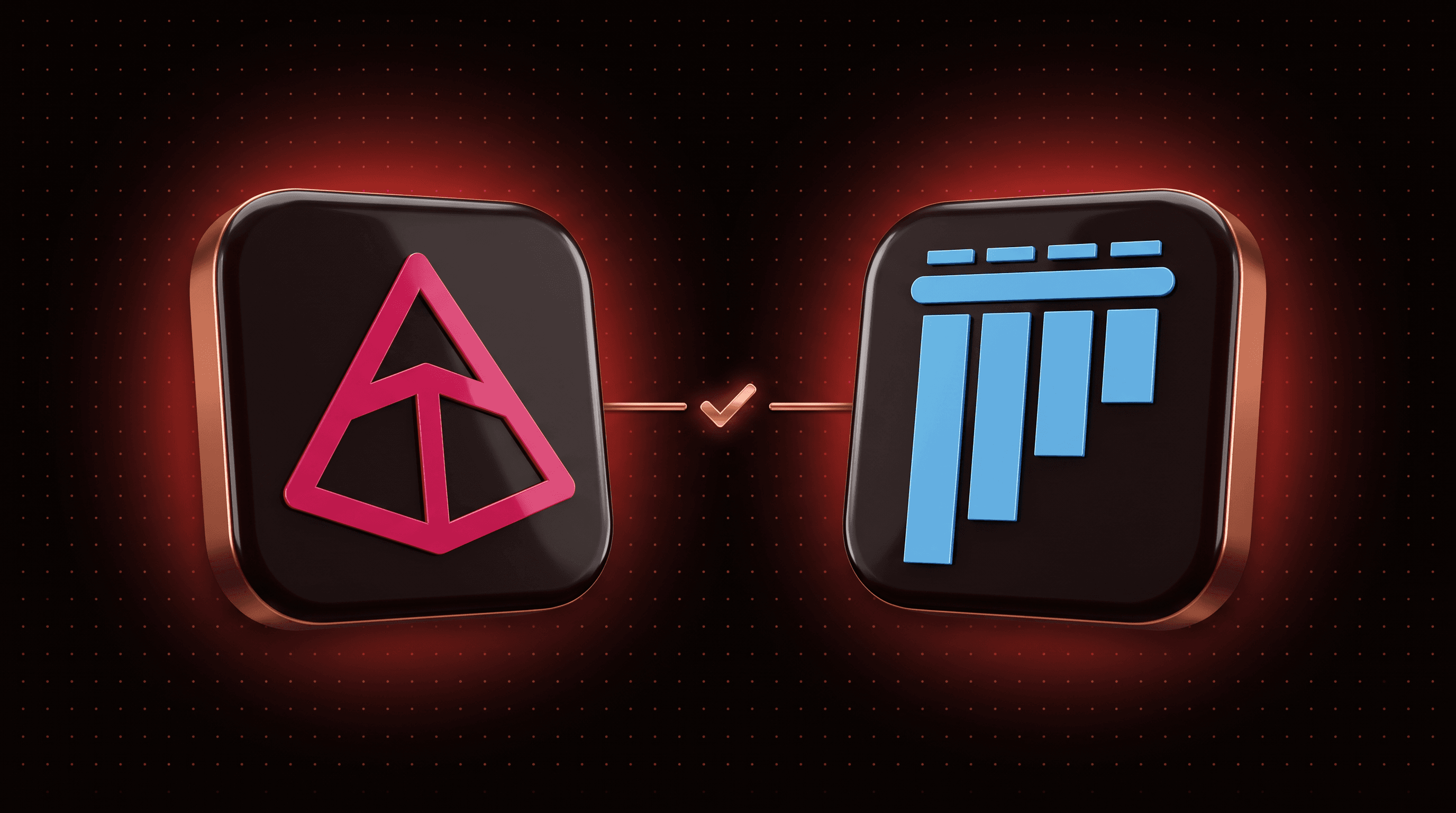 Pydantic AI testing with pytest: Pydantic and pytest logos on dark tiles joined by a copper checkmark