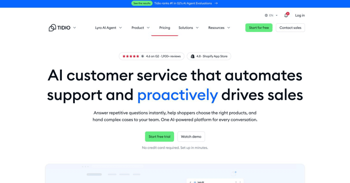 Tidio homepage in October 2026 describing AI customer service that automates support and drives sales