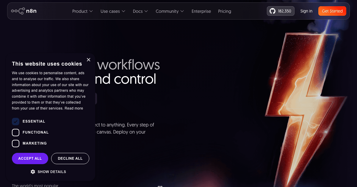 n8n homepage showing the workflow automation platform