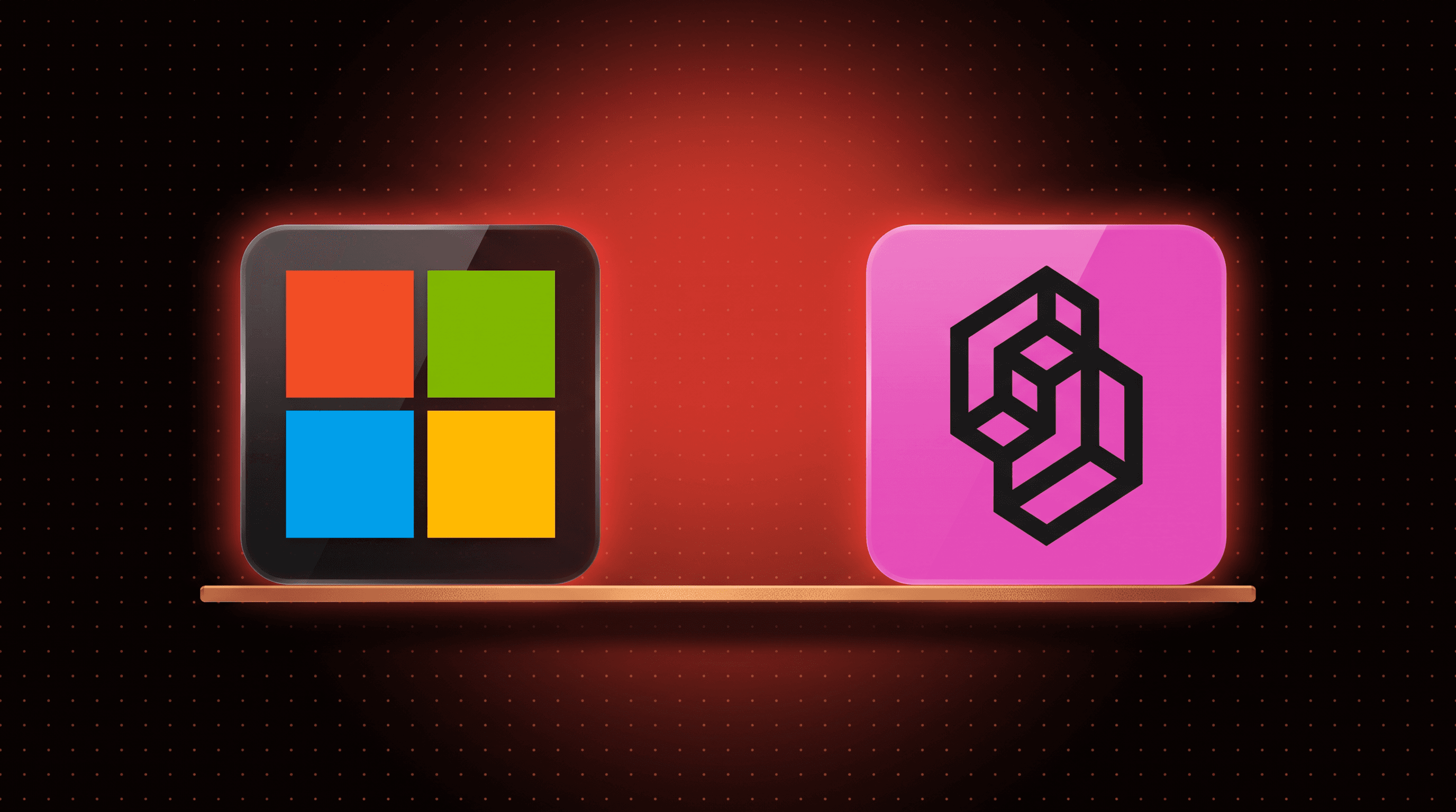 Microsoft Decision-1 vs Jev: the Microsoft and TypeSafe logos on tiles balanced on a copper beam