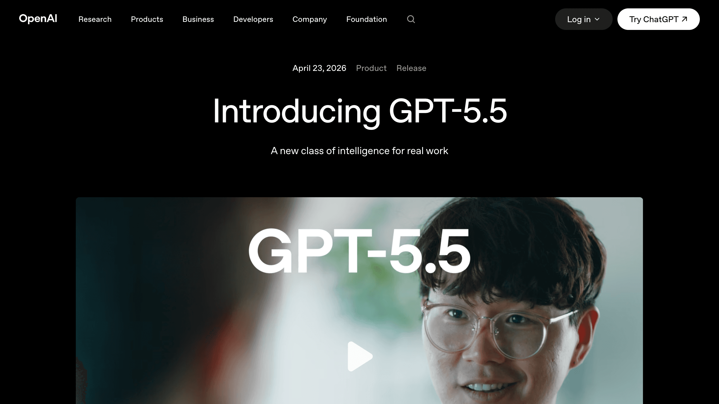 OpenAI GPT-5.5 launch page showing the new default model for ChatGPT