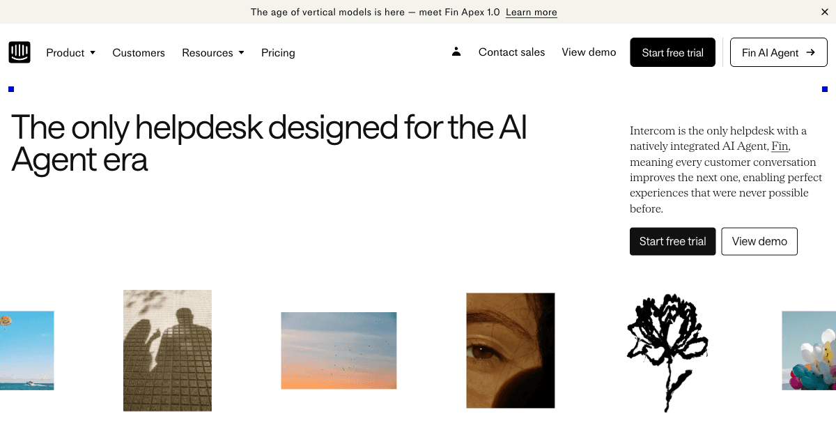 Intercom chatbot platform homepage showing AI-powered customer messaging tools