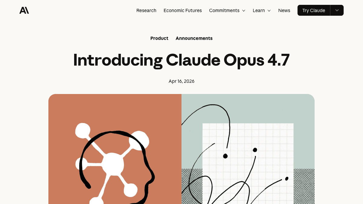 Anthropic's Claude Opus 4.7 announcement page highlighting agentic AI capabilities and task budgets