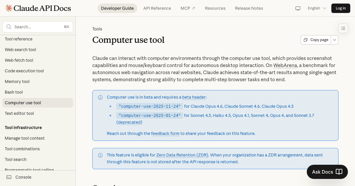 Anthropic computer use documentation showing how Claude controls computers autonomously
