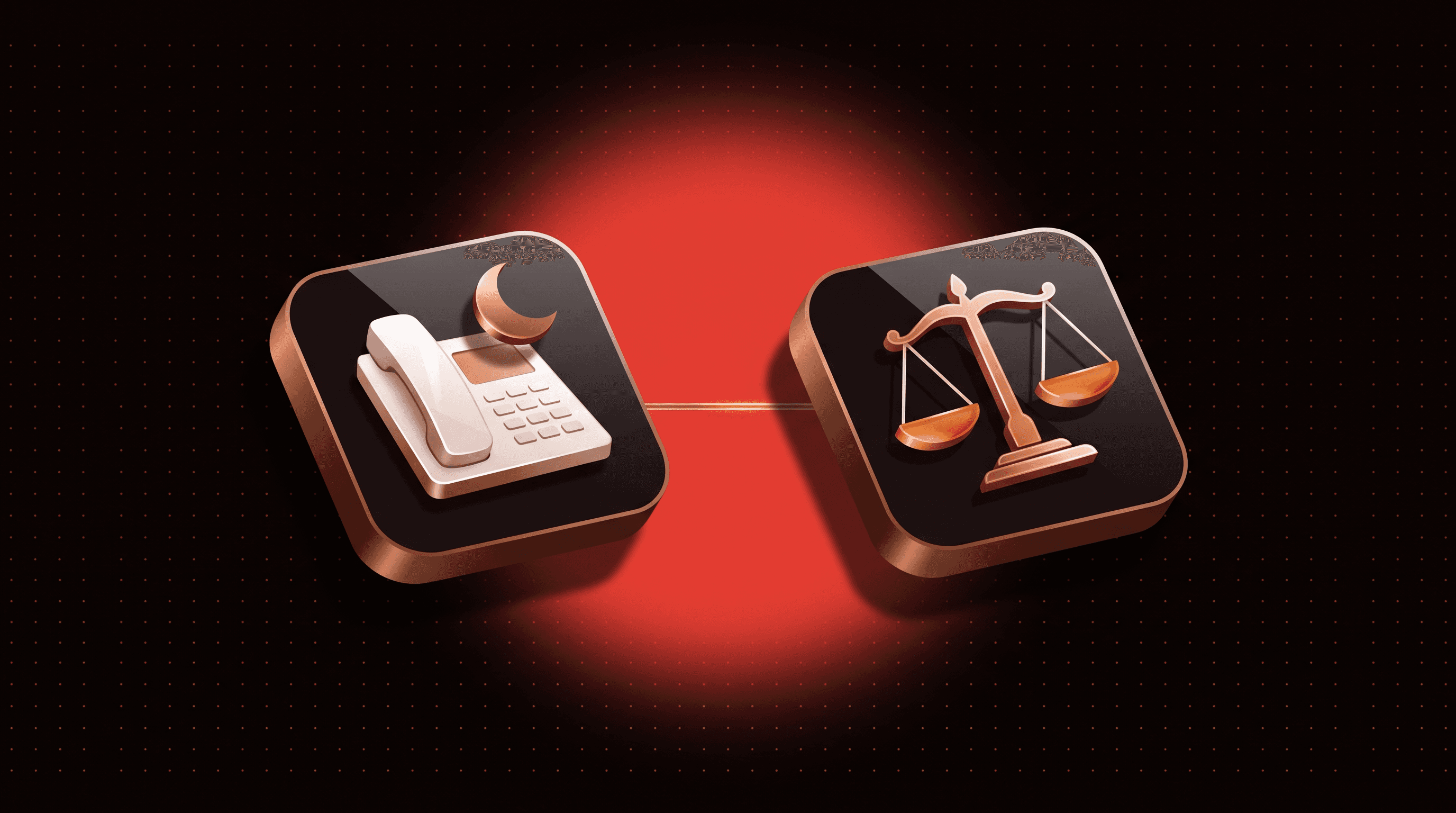 A telephone with a crescent moon and a scale of justice on two glossy icon tiles joined by a copper line, illustrating a legal answering service for law firms