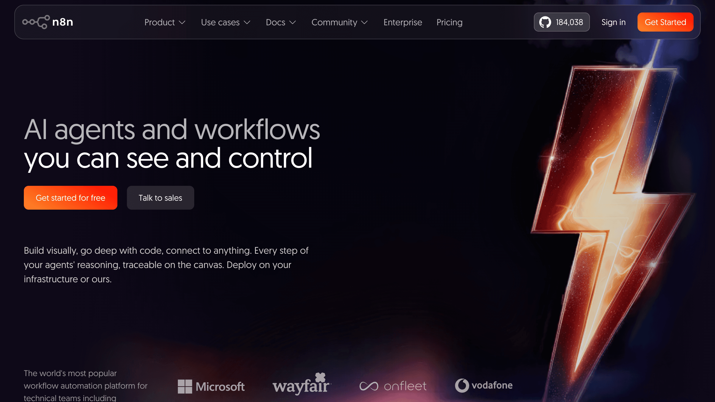 n8n workflow automation platform homepage showing the open source tool used for building AI automation systems