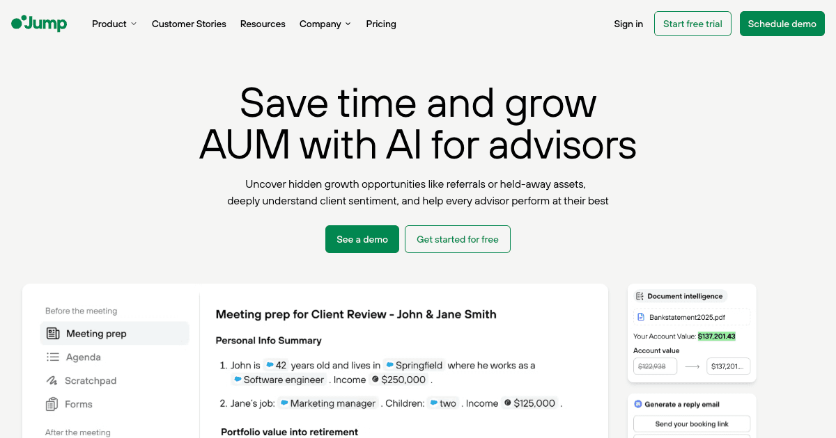 Jump AI operating system for financial advisors showing AI-powered meeting notes and CRM integrations