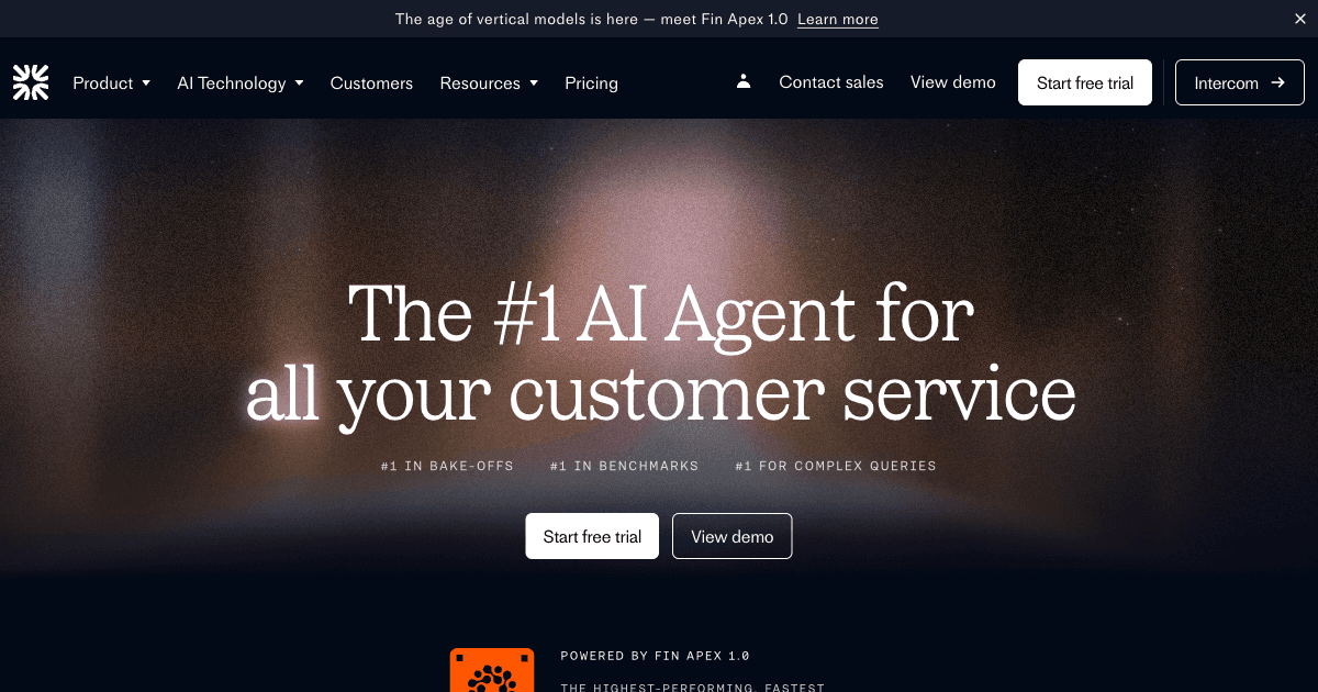 Intercom Fin AI agent homepage — autonomous customer service resolution
