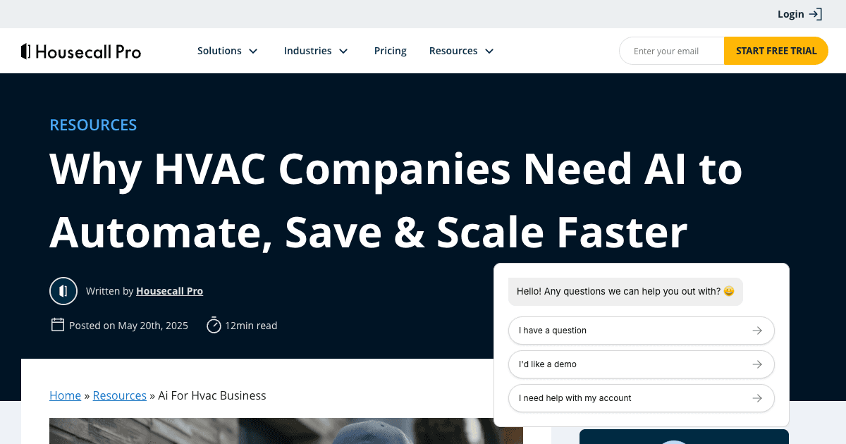 Housecall Pro AI tools dashboard for HVAC businesses showing scheduling, invoicing and customer communication automation
