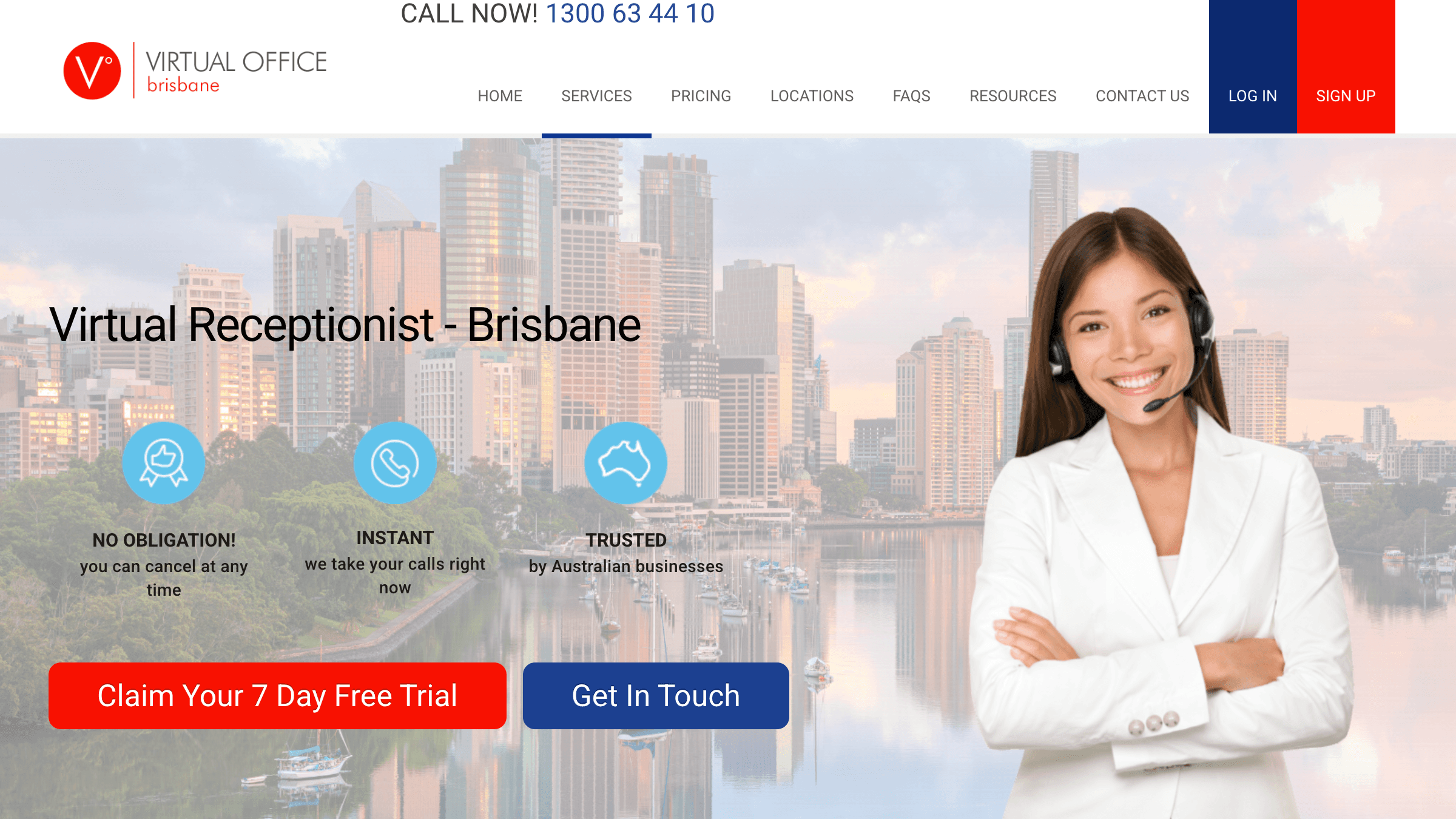 Virtual Office Brisbane receptionist services page showing professional call answering options for Queensland businesses