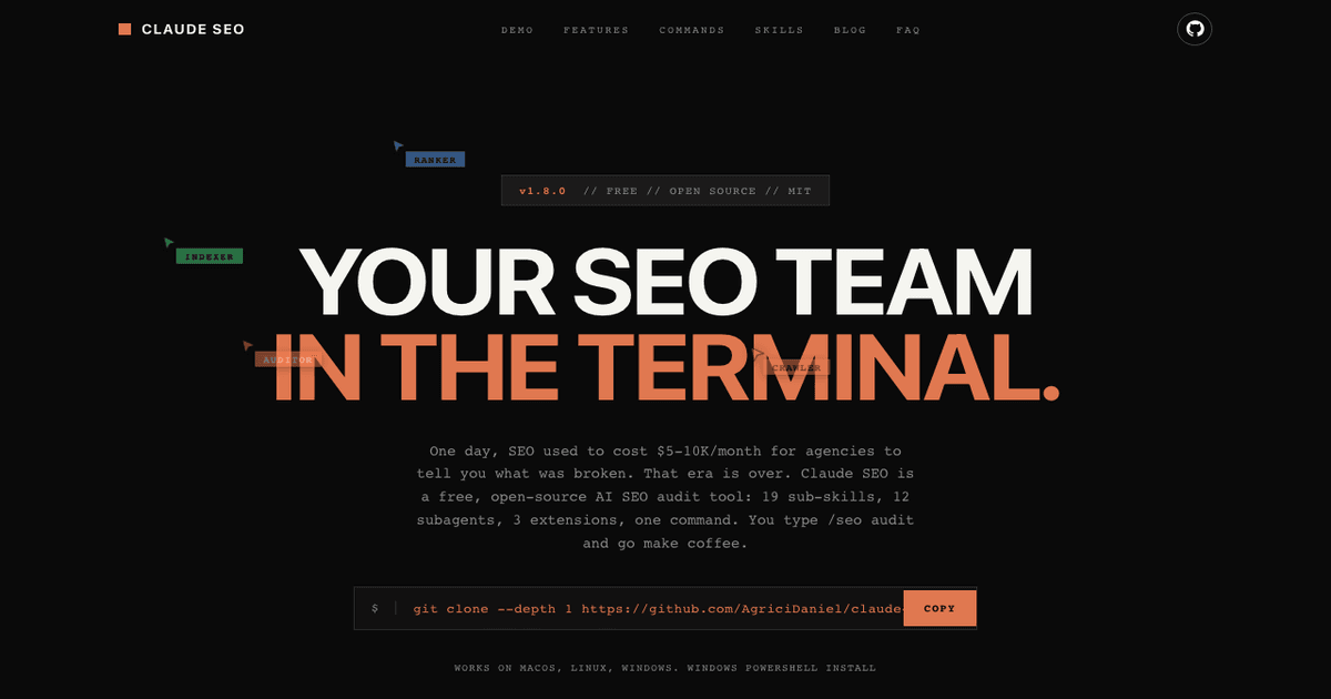 Claude SEO homepage showing Your SEO Team in the Terminal tagline