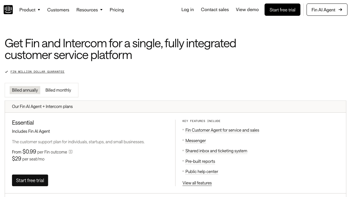 Intercom AI chatbot pricing page showing Fin AI Agent at $0.99 per resolution and $29 per seat plans for 2026