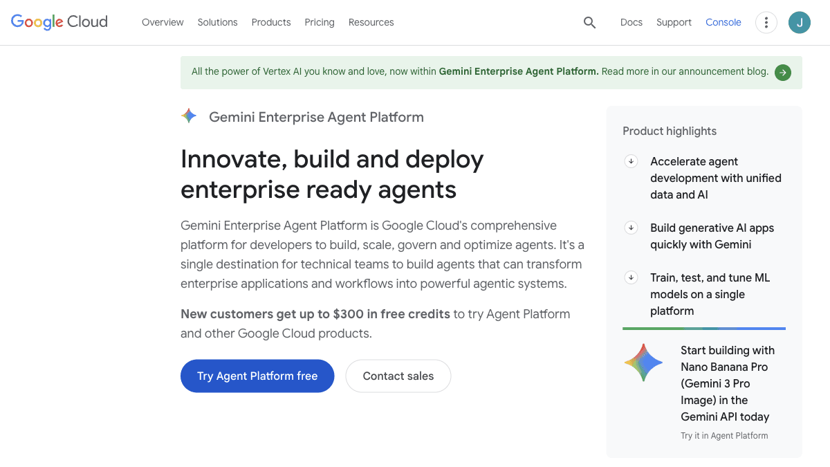 Vertex AI Agent Builder homepage by Google Cloud showing the enterprise AI agent builder platform that became part of Gemini Enterprise Agent Platform in 2026