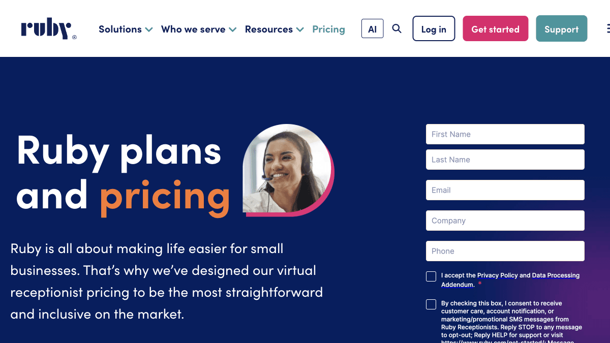 Virtual receptionist pricing comparison showing Ruby Receptionists 2026 plans starting at $235 per month