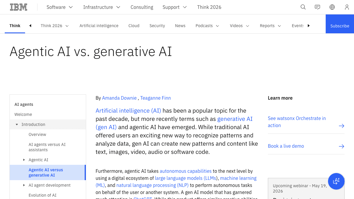 Agentic AI explained — IBM Think topic page comparing agentic AI to generative AI for business owners in 2026