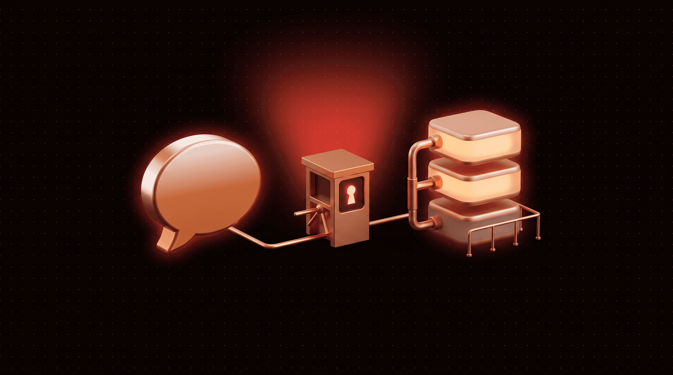 n8n MCP server gateway letting Claude reach only the workflows you expose, shown as a speech bubble passing a locked copper gate to workflow blocks