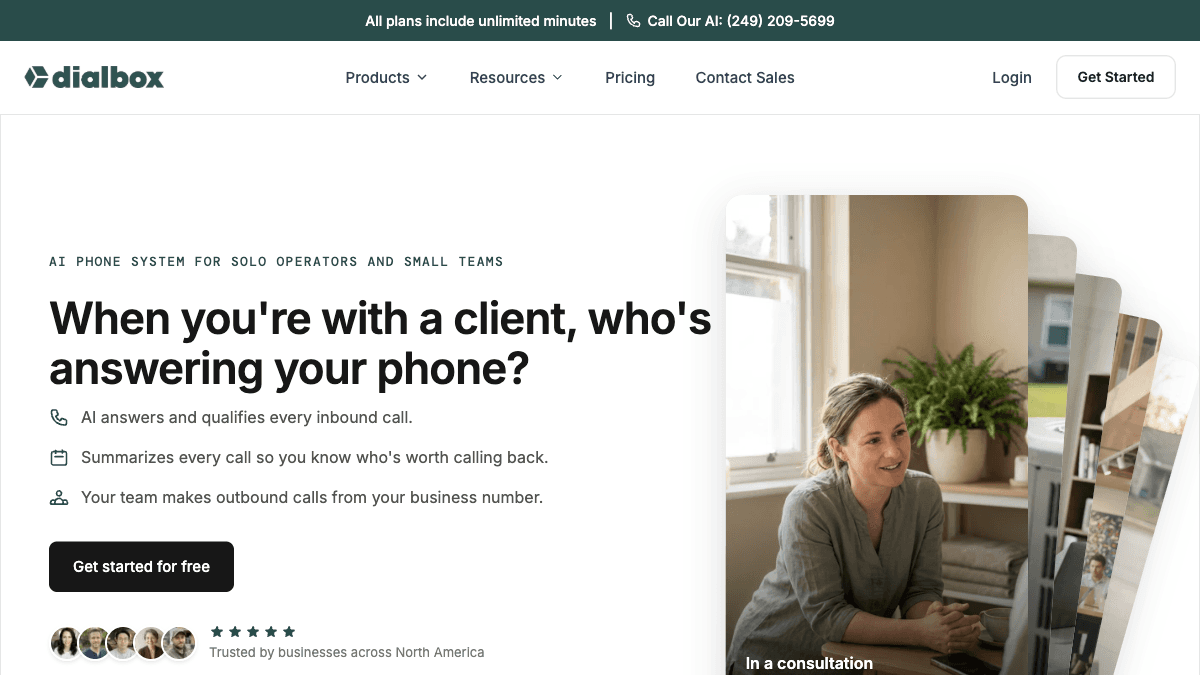 Dialbox Canadian AI virtual receptionist homepage showing 24/7 phone answering for Canadian small businesses