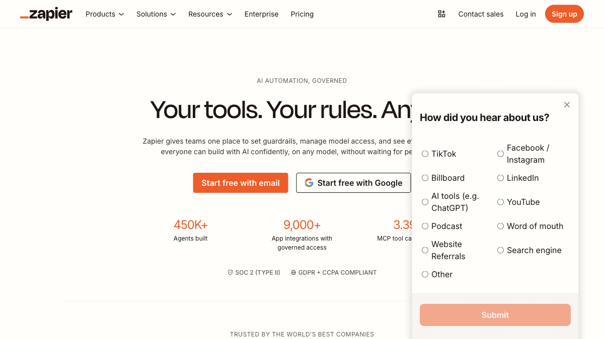 Zapier's automation platform homepage representing AI-powered business tools for connecting apps and streamlining workflows