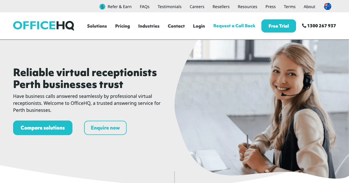 OfficeHQ virtual receptionists Perth page showing Australian call answering service for Perth businesses