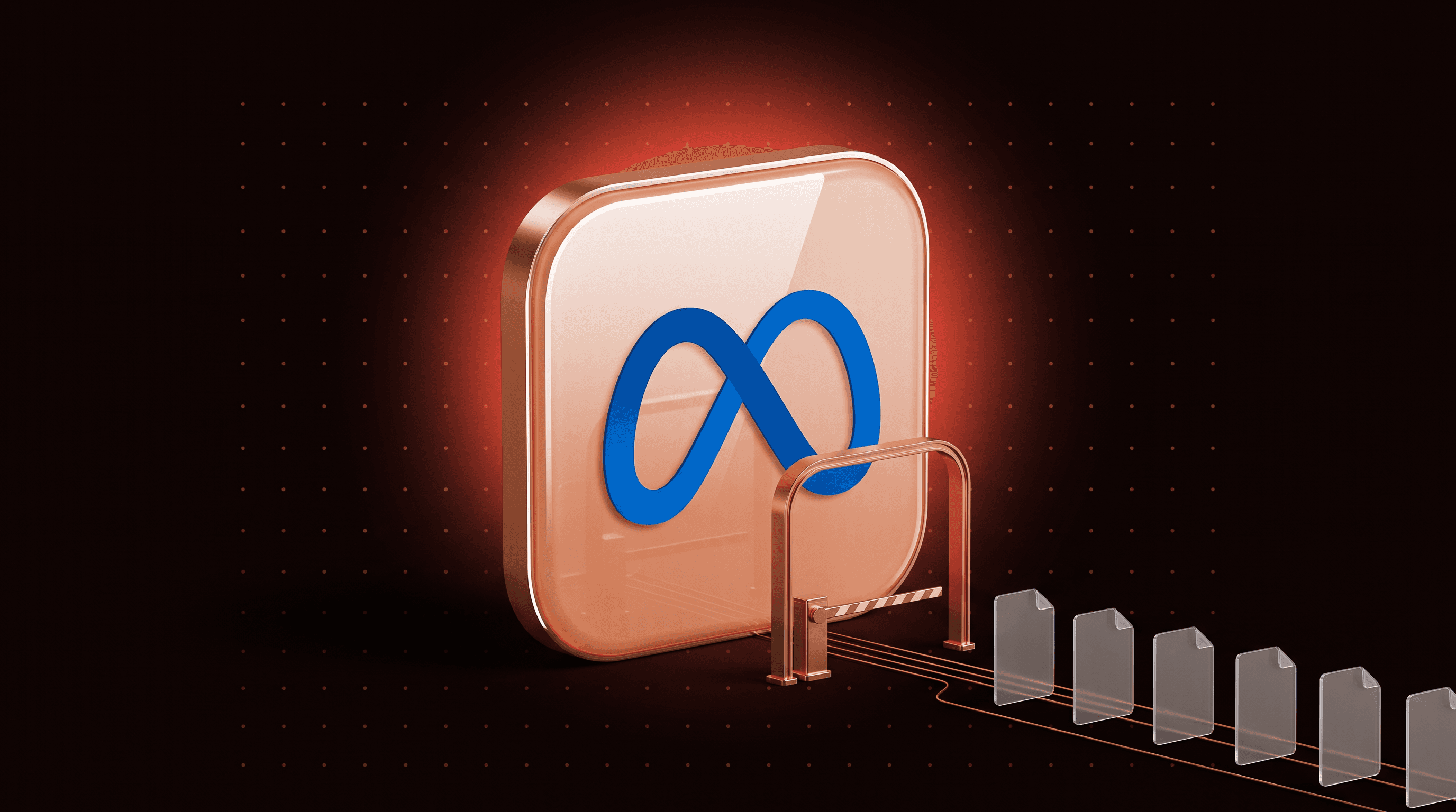 Meta logo on a glossy app icon tile behind a closed copper gate, illustrating Meta commercial terms scraping and robots.txt