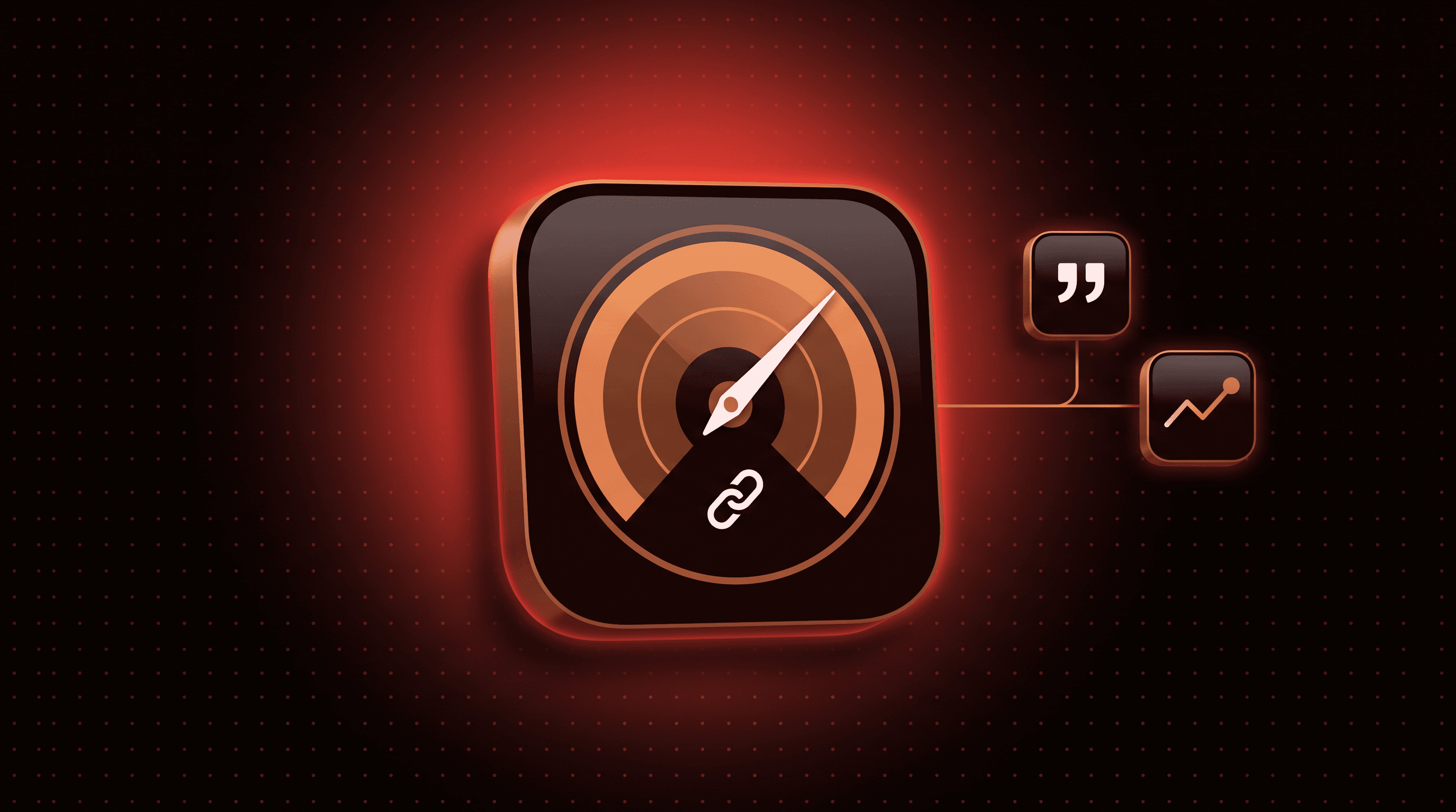Radar dial icon with link and quotation tiles representing AI search visibility tracking tools