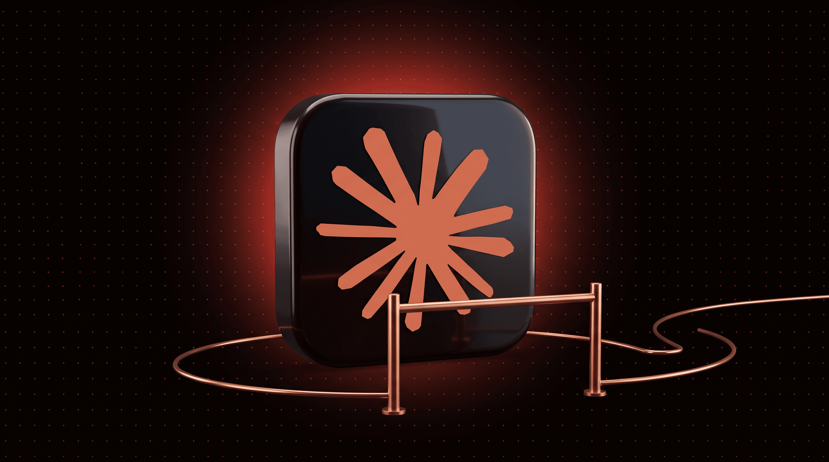 Claude logo on a glossy app icon tile with a copper line curving around a checkpoint barrier, showing Claude unintended actions that bypass a restriction
