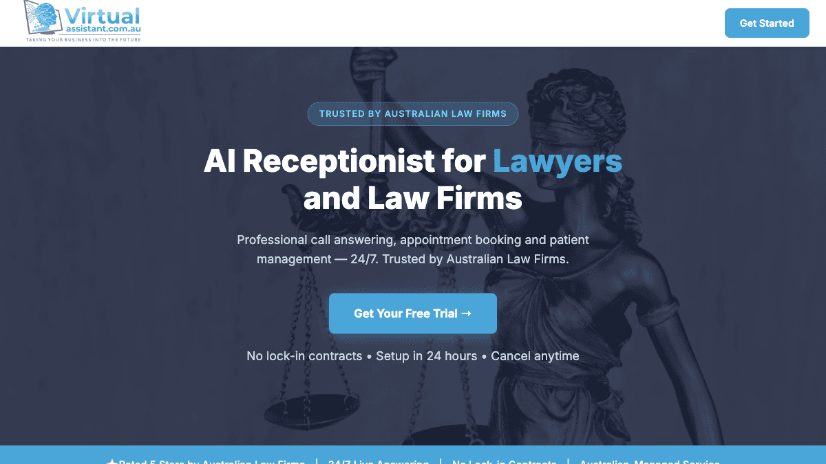 Lawyer Assistant homepage showing an Australian AI virtual receptionist service for law firms with 24/7 intake and consultation booking