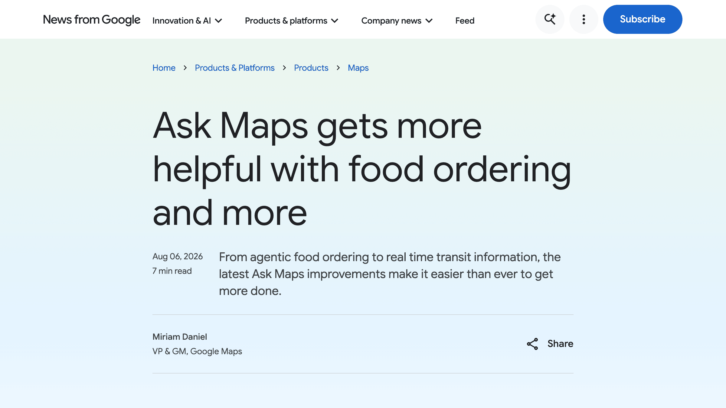 Google announcement page headed Ask Maps gets more helpful with food ordering and more, bylined Miriam Daniel, VP and GM of Google Maps