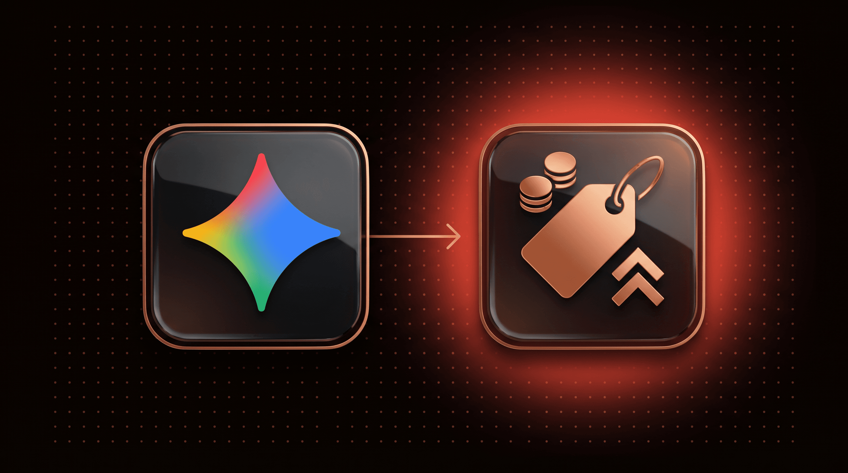 Gemini logo tile joined by a copper arrow to a price tag tile with a rising arrow, for the Gemini 3.7 Flash pricing doubling on January 1, 2027