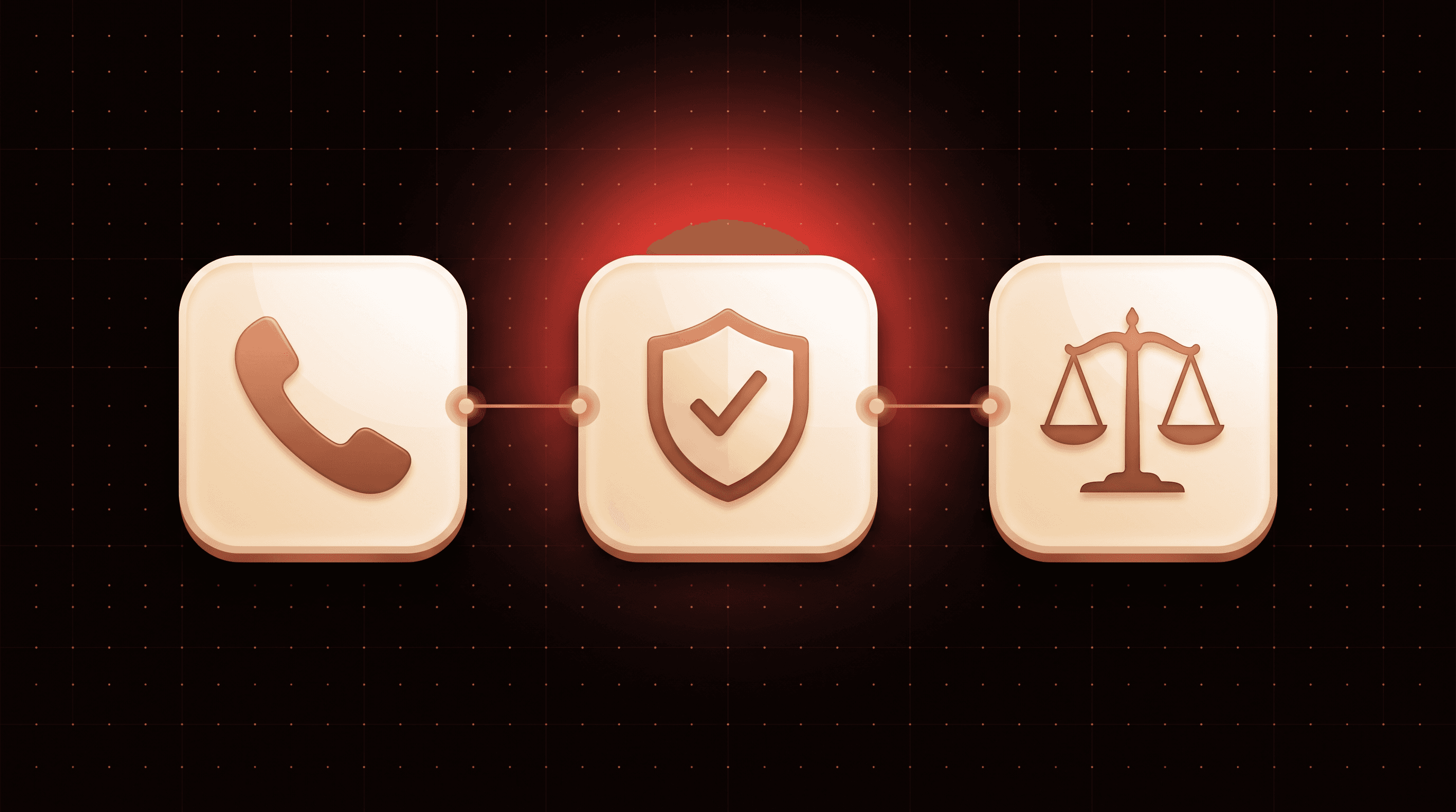 Three glossy icon tiles showing a telephone, a shield with a checkmark and a scale of justice, representing an AI receptionist for law firms