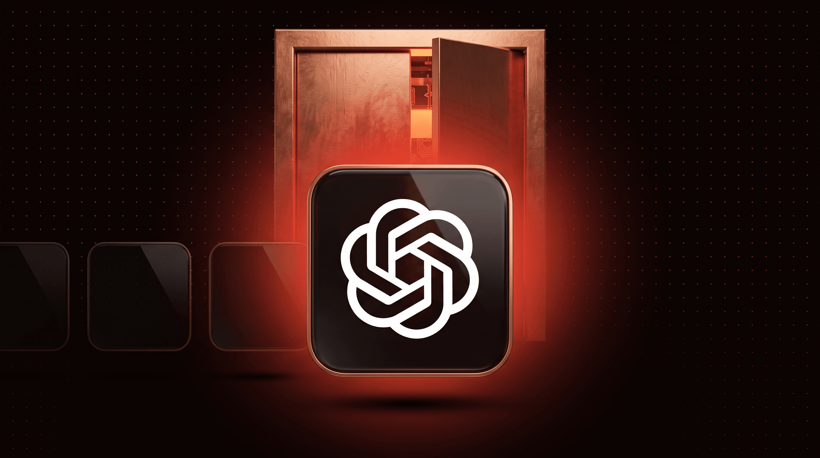 OpenAI logo on a glass app tile in front of a closing copper door, for the OpenAI model shutdown October 23