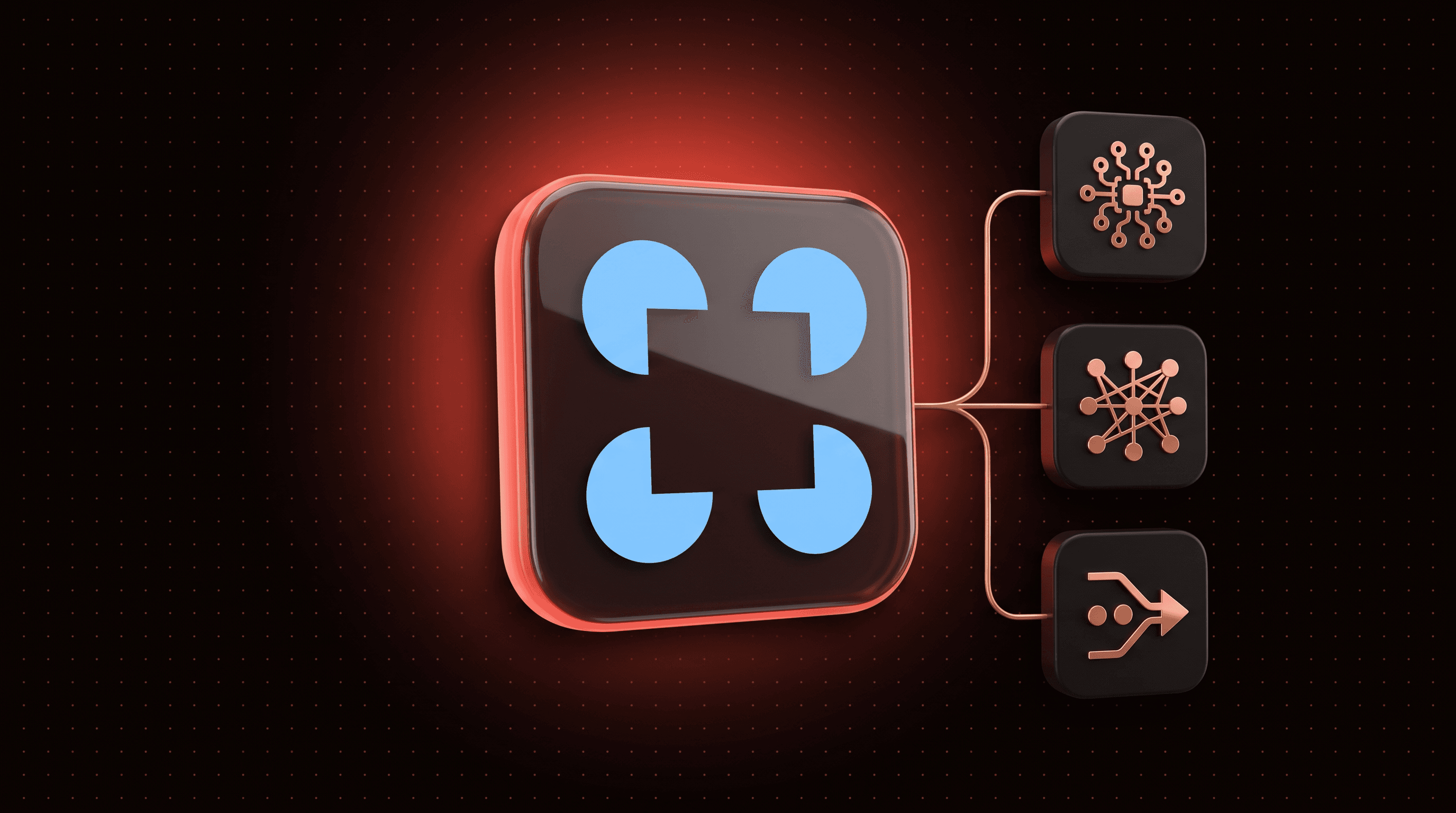 LangGraph logo on a glowing app tile connected to three worker tiles for a LangGraph supervisor agent