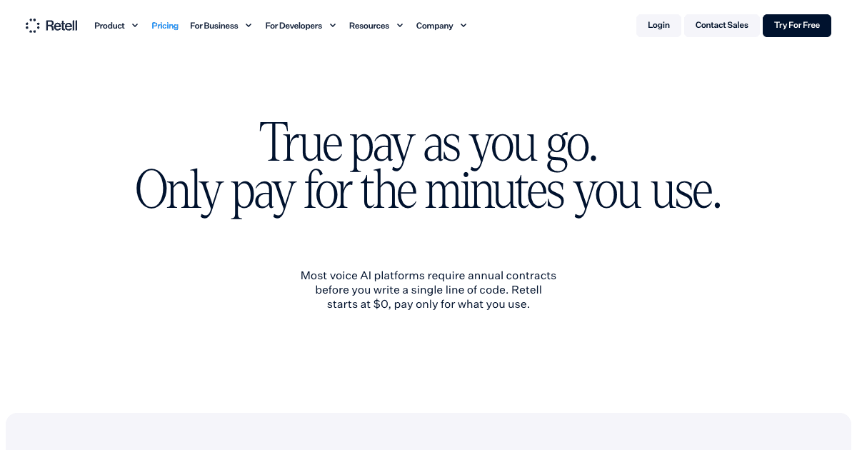 Retell AI pricing page showing AI voice agent per-minute rates and plan comparison for 2026