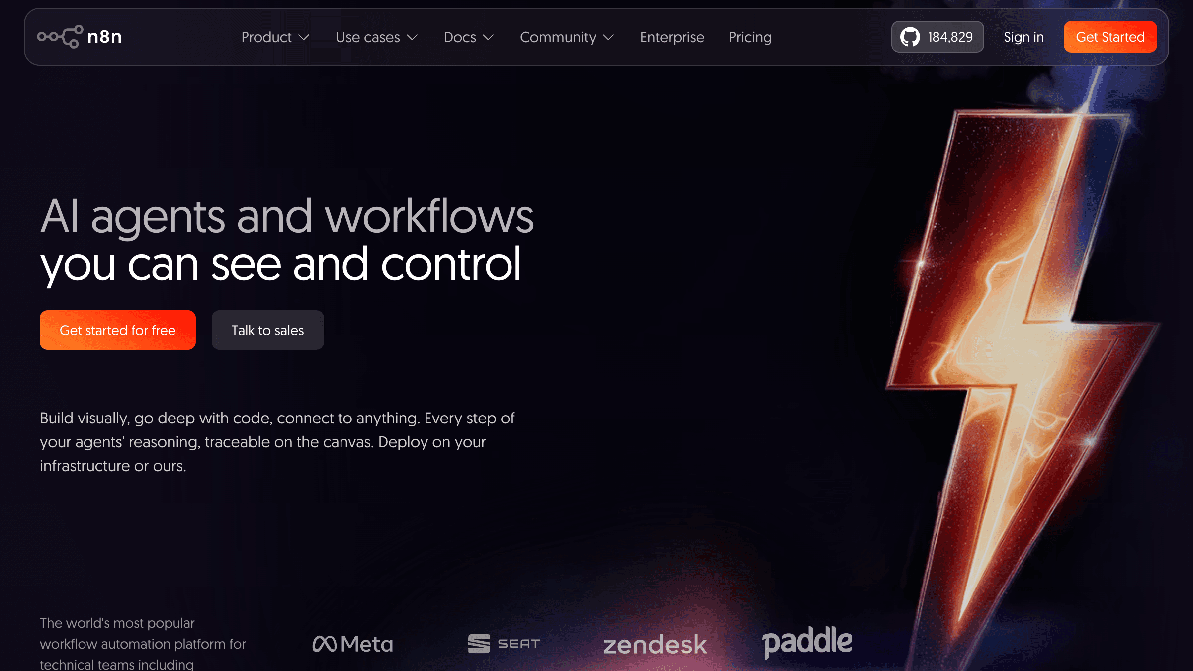 n8n.io homepage showing the open-source AI workflow automation platform used by small businesses to automate repetitive tasks