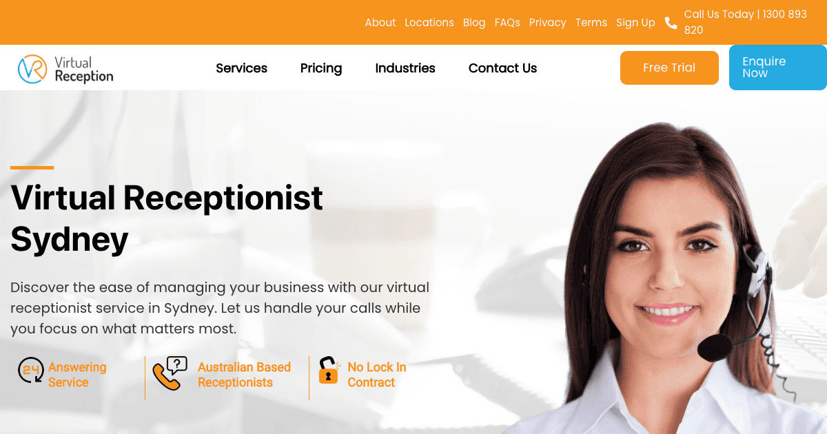 Virtual receptionist Sydney service homepage showing Australian-based call answering for businesses