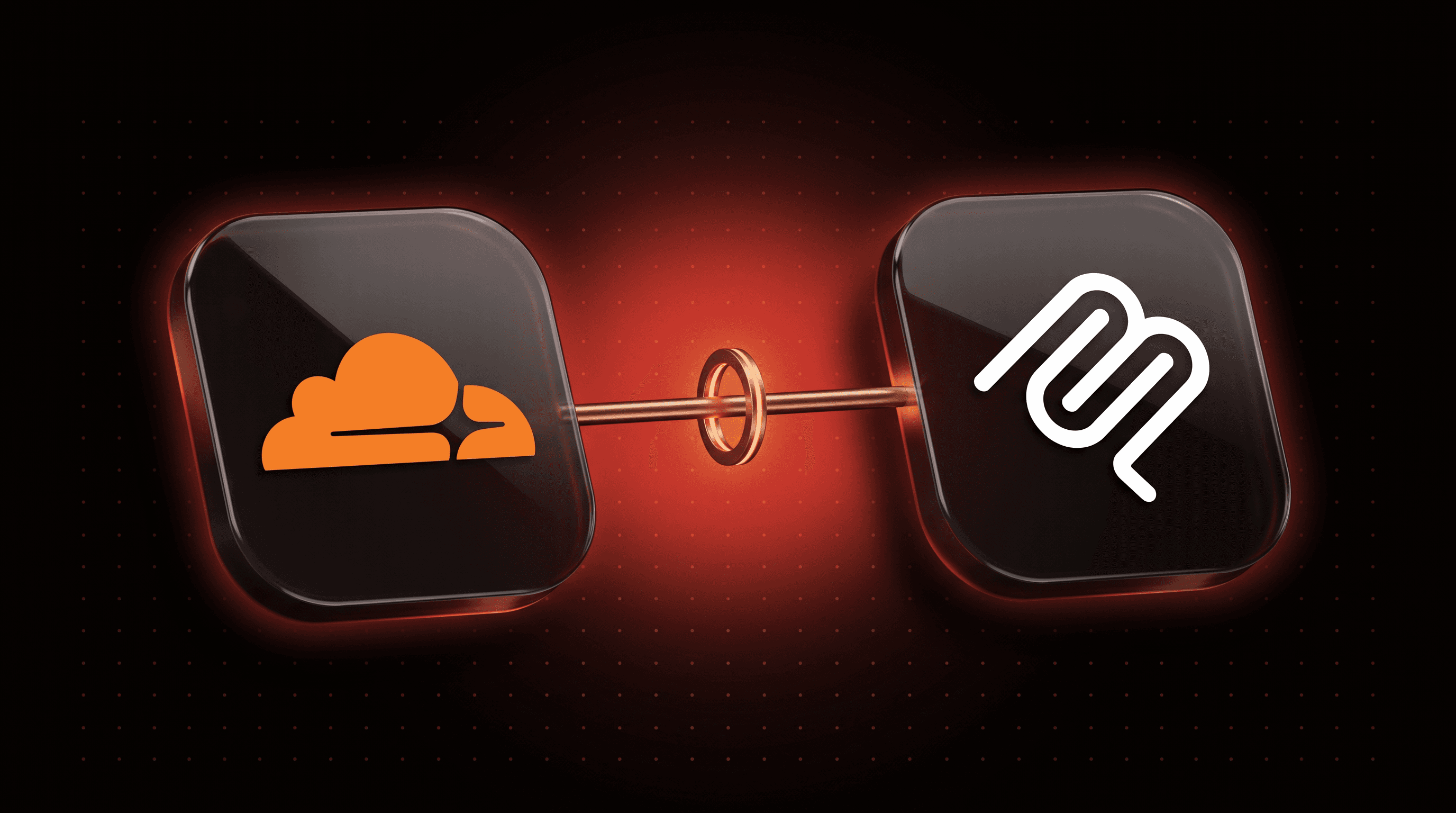 Cloudflare Code Mode for MCP: Cloudflare and Model Context Protocol logos on two glass icon tiles joined by a copper connector with a small copper ring on it