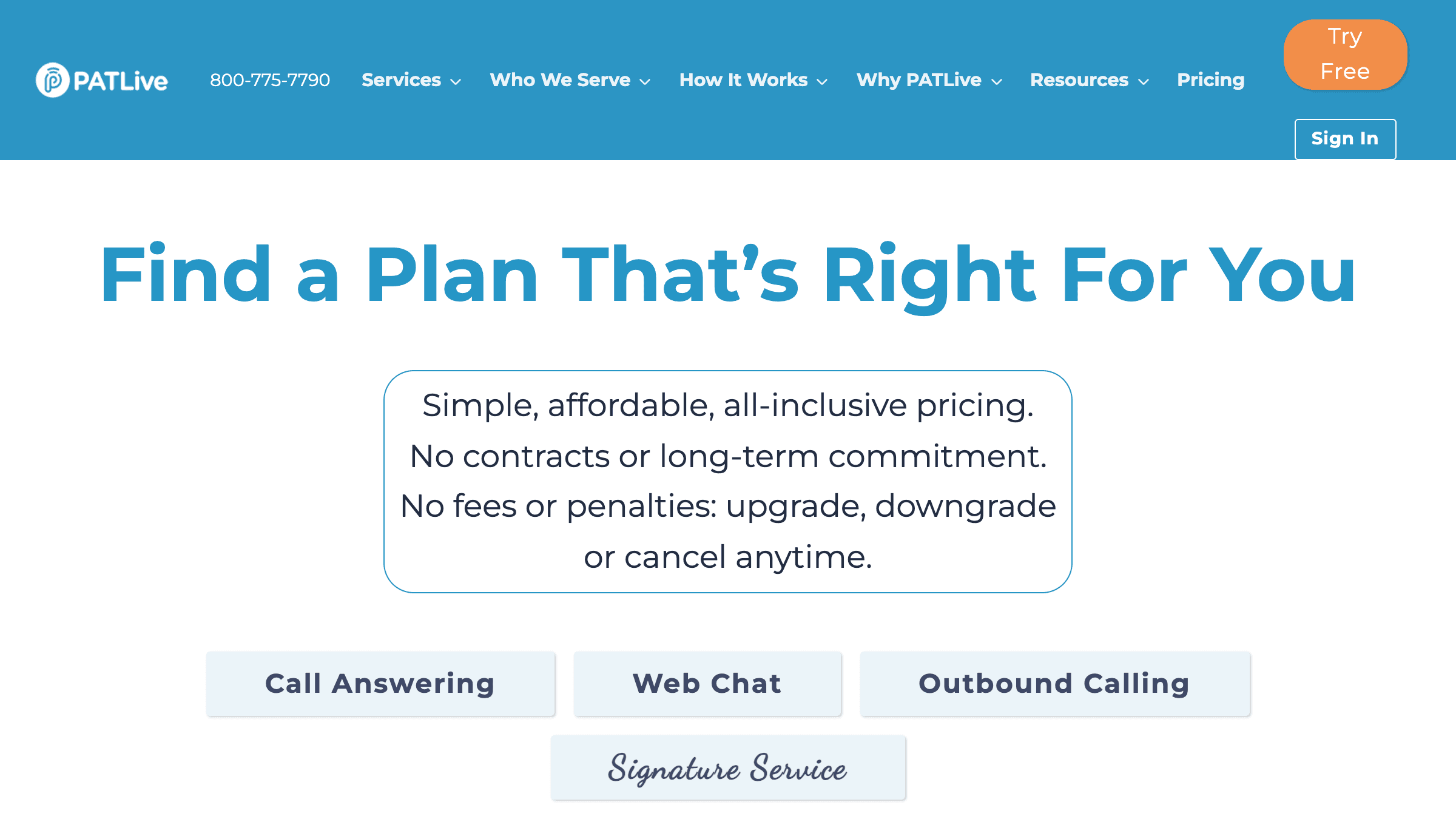 PATLive pricing page showing 24 hour virtual receptionist plans with live US receptionists