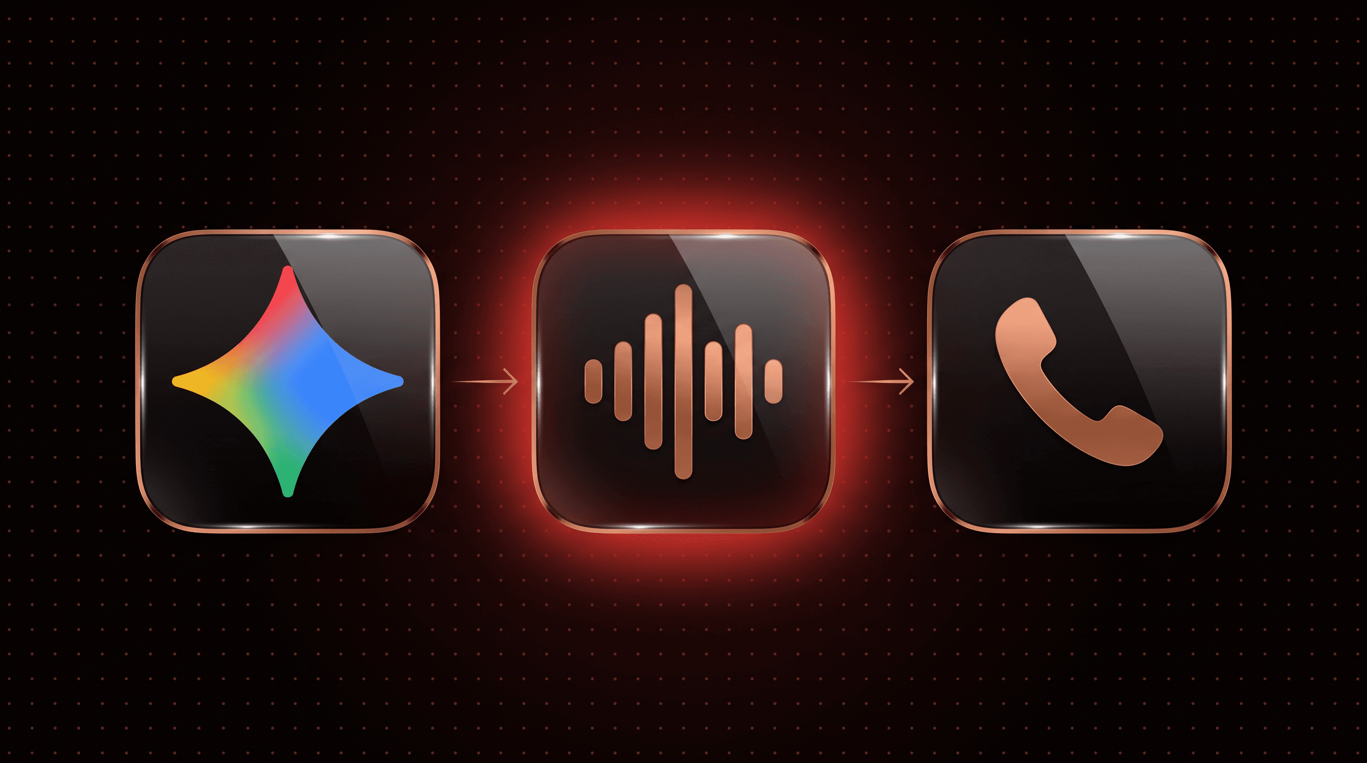 Gemini sparkle logo tile, a copper audio waveform tile and a telephone tile, for the Gemini 3.8 Live voice agent benchmark update