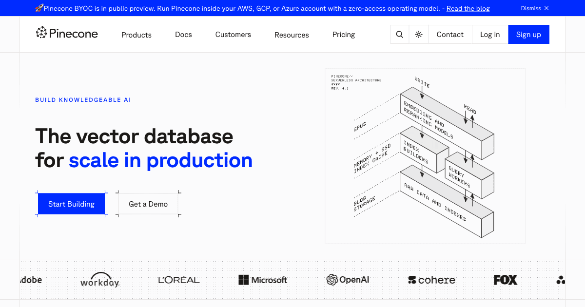 Pinecone homepage showing the managed vector database for production AI workloads