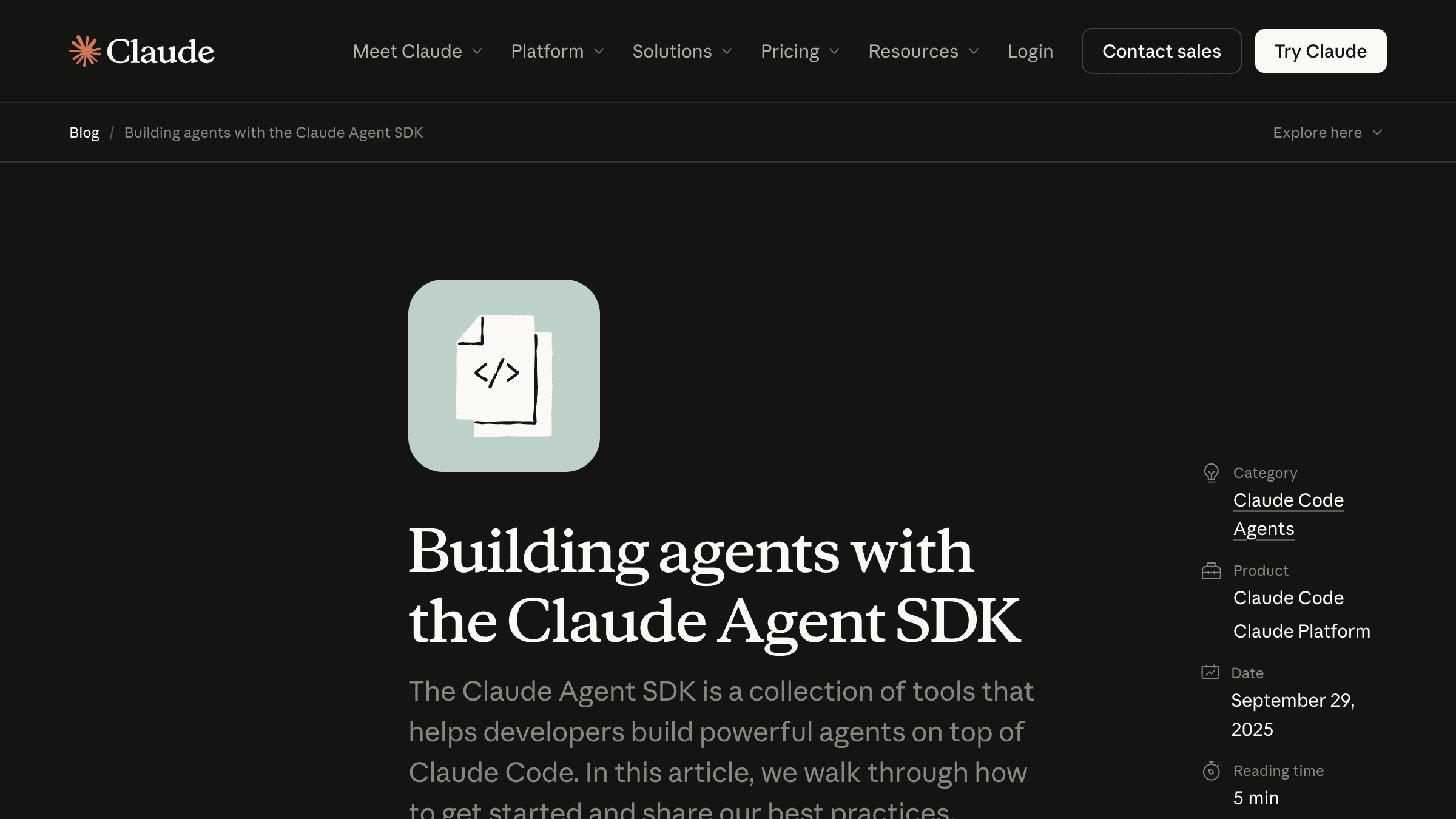 Anthropic engineering page on building agents with the Claude Agent SDK