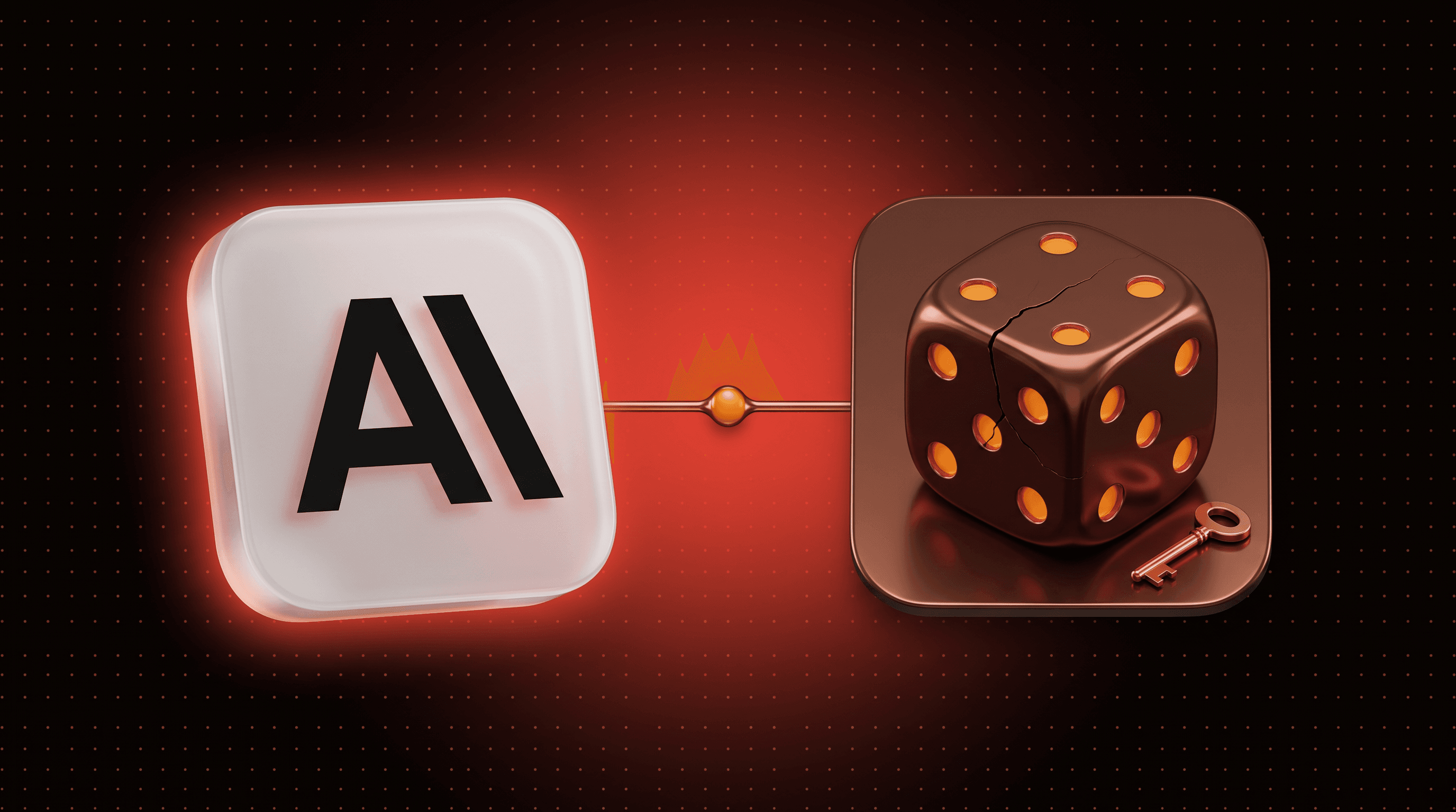 Anthropic logo tile joined by a copper line to a cracked copper die with a key, for the CVE-2026-61500 Rejetto HFS Math.random flaw