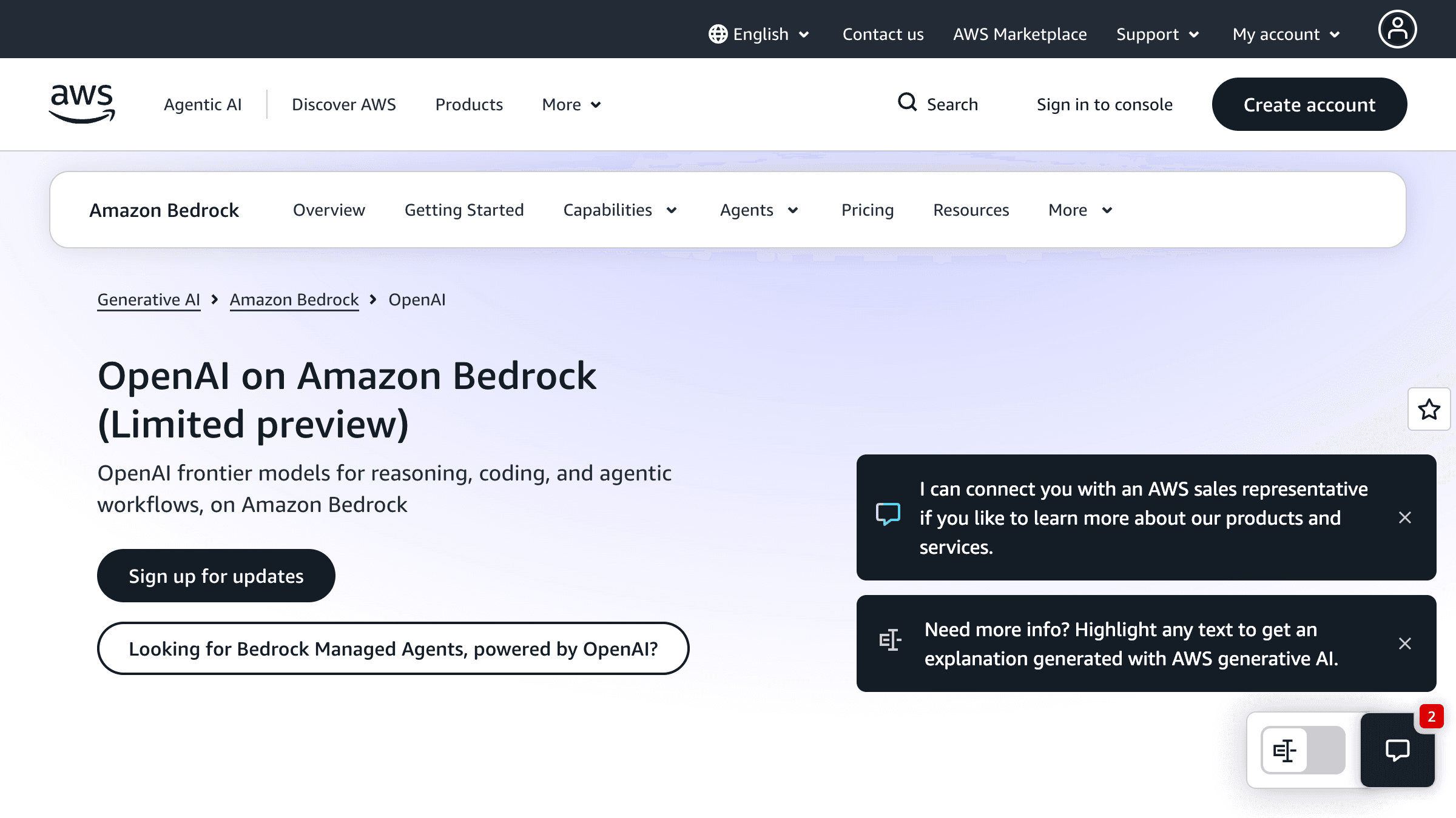 OpenAI on Amazon Bedrock product page showing limited preview launch on April 28, 2026