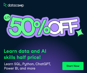 DataCamp. 50% off. Learn data and AI skills half price. Learn SQL, Python, ChatGPT, Power BI, and more. Start now.